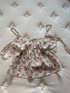 Floral Ruffle Cami Top in White with Pink Rose Print